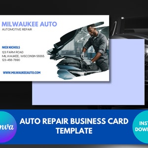 Modelo de cartão de visita para mecânico de automóveis Canva Download instantâneo Cartão de visita para reparo de automóveis branco e azul Fácil de editar Aparência profissional Reparo de automóveis