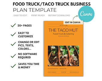 Mall för affärsplan för food truck för nystartade företag - Guide till affärsplansskrivning Canva-mall - Lättredigerad affärsplan för taco truck