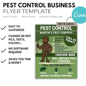 Szablon ulotki o zwalczaniu szkodników: Projekt ekologicznego eksterminatora (Canva, edytowalny, 8,5 x 11)