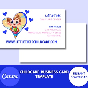 Modelo de cartão de visita com design em formato de coração para creche, editável, download instantâneo, modelo Canva, 3,5 x 2, cartão de visita para creche