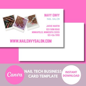 Nagelstudio Visitenkarte Vorlage für Canva Sofortiger Download Einfach zu bearbeitende Visitenkarte Vorlage für Nageldesigner Weiß Rosa