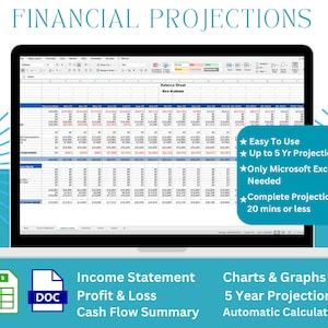 事業計画財務予測スプレッドシート - Microsoft Excel - 損益計算書 - 貸借対照表 - キャッシュフロー概要 - 事業提案