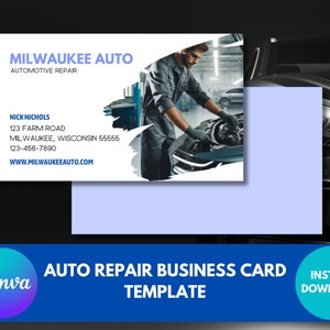 Plantilla de tarjeta de presentación de mecánico de automóviles Canva Descarga instantánea Tarjeta de presentación de reparación de automóviles blanca y azul Edición fácil Aspecto profesional Pequeña empresa