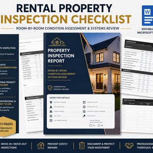 May include: A comprehensive rental property inspection checklist template. The design includes a Property Inspection Report cover with a house image, and a Microsoft Word icon. The checklist includes sections for room-by-room condition assessment and systems review.