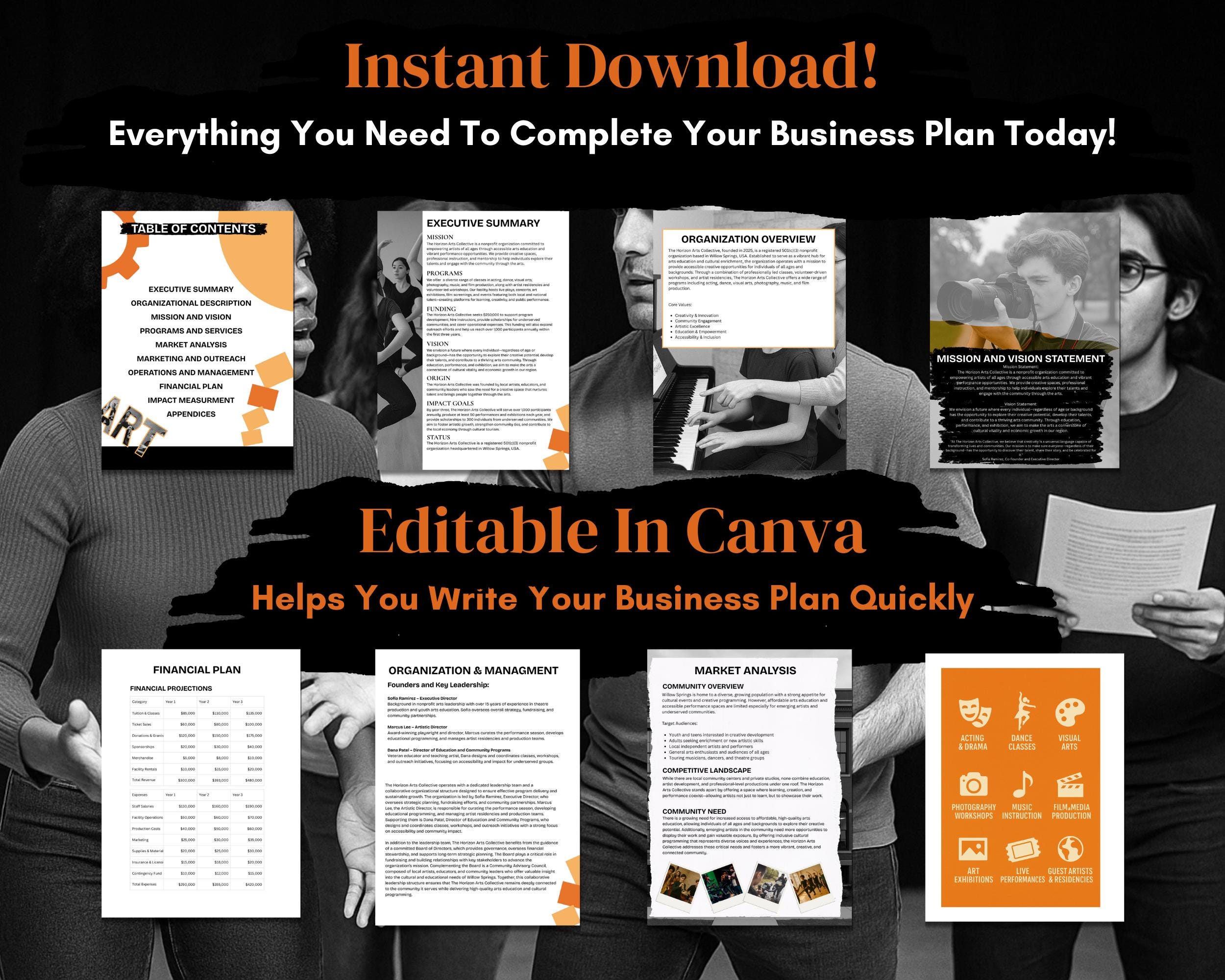 Nonprofit Theatre Arts Business Plan Template, Canva & Word (instant