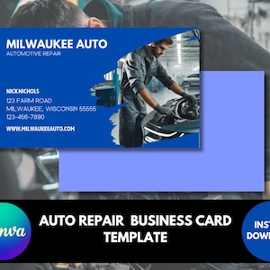 Modelo de cartão de visita para mecânico de automóveis com download instantâneo para Canva Fácil de editar Cartão de visita profissional pré-desenhado Azul