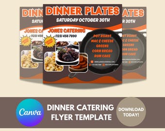 Può includere: Un modello di volantino per catering di cene, con uno sfondo marrone scuro e accenti arancioni. Il testo "Dinner Plates" e la data "Saturday October 30th" sono ben visibili. Include immagini di cibo e una padella in ghisa. Da Jones Catering.