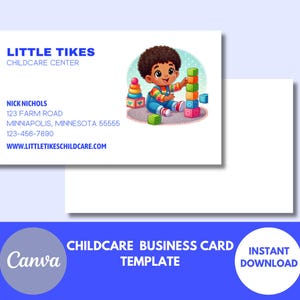 Modelo de cartão de visita para creche com criança afro-americana com blocos de brinquedo, cartão de visita para creche azul e branco 3 x 2 Canva editável DIY