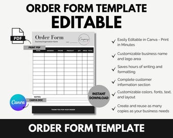 Editable Order Form Template | Canva Order Form for Small Business | Printable & Digital Customer Order Tracker | Instant Download