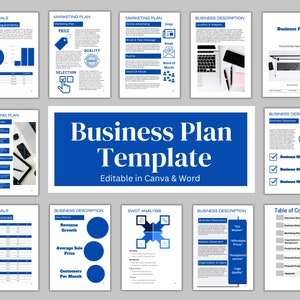 May include: A blue and white business plan template with sections for financials, marketing plan, business description, SWOT analysis, and table of contents. The template is editable in Canva and Word.