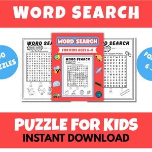 Word Search Puzzle for children ages 6 -  8 kids word search activity book with pictures 100 puzzles printable pdf childcare business tool