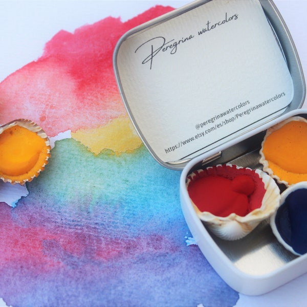 Jeu de couleurs primaires, palette d’aquarelle, ensemble de voyage aquarelle, jeu de peinture de 3, Aquarelles dans les coquillages, cadeau d’anniversaire pour peintre