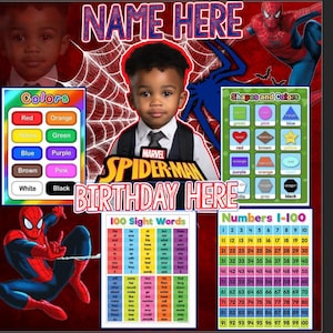 Könnte beinhalten: Eine farbenfrohe, druckbare Geburtstagseinladung mit einem jungen Jungen, der als Spider-Man verkleidet ist. Die Einladung enthält eine Farbtabelle, eine Form- und Farbtabelle, 100 Sehwörter und die Zahlen von 1 bis 100. Der Text "NAME HERE" und "BIRTHDAY HERE" ist zur Personalisierung enthalten.