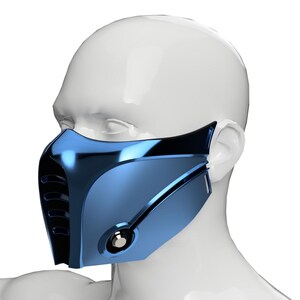 May include: A blue and black face mask with a futuristic design. The mask has a sleek, angular shape and a glossy finish.