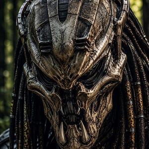 May include: A detailed, weathered, metallic-toned helmet featuring a complex, segmented design with a prominent, jagged jawline, sharp protruding fangs, and numerous long, dark, textured dreadlock-like appendages hanging down the sides of the mask.
