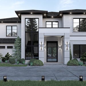 Può includere: Una casa moderna a due piani con un esterno bianco e finiture nere. La casa ha grandi finestre e una porta d'ingresso con un pannello di vetro. C'è un vialetto di fronte alla casa e un prato con erba verde.