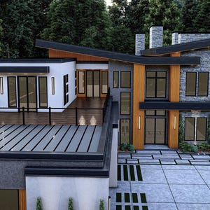 May include: Modern two-story house with a flat roof and a combination of wood, stone, and white siding. The house features large windows, a deck, and a concrete driveway. The surrounding area is filled with lush green trees.