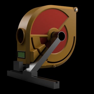 Könnte beinhalten: Ein goldener und roter Industriefächer mit schwarzem Sockel und digitalem Display. Der Ventilator hat ein großes, rundes Flügelrad und einen Metallgriff.