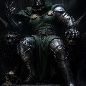 May include: A figure in a metallic mask and green hooded cloak sits on a throne flanked by two lion statues. The figure wears silver plate armour on the arms and legs, with a brown belt and gold circular clasps. A small metallic mask floats above one hand.