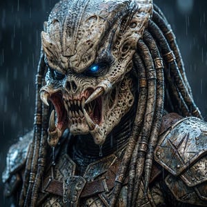 May include: A detailed bust of a creature with a textured, bone-coloured skull mask, sharp fangs, and glowing blue eyes. The figure features long, dark, braided dreadlocks adorned with metallic rings and wears weathered, dark metallic armour plating.