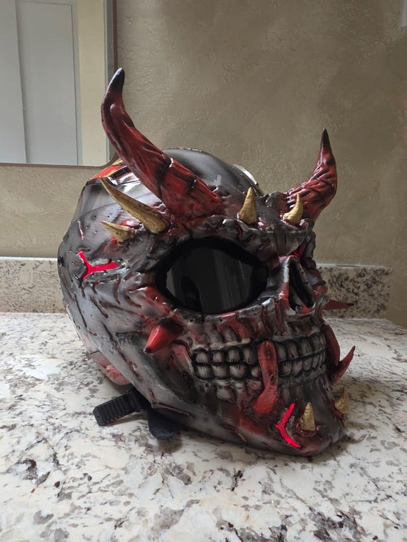 demon motorcycle helmet Devil Satan Hell Fire Devil 666 Damon from the Hell Halloween Mask Custom Airbrush Helmet but especially well suited to motorcycle helmets GDM DEMON Full Face Motorcycle
