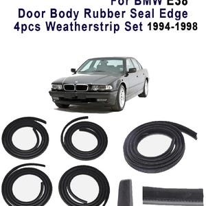 Puede incluir: Un juego de 4 juntas de goma negra para el borde de la puerta de un BMW E38 1994-1998. La imagen incluye un sedán gris oscuro y varias tiras de goma negra enrolladas, junto con un segmento recto corto que muestra el perfil de la pieza.