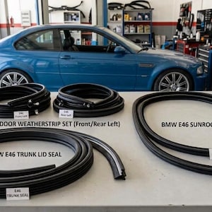 Pode incluir: Um conjunto de vedações de borracha preta para BMW E46, incluindo uma vedação da tampa da mala, uma junta do teto de abrir e vedantes de porta para os lados esquerdo dianteiro e traseiro. Cada componente está enrolado e etiquetado.
