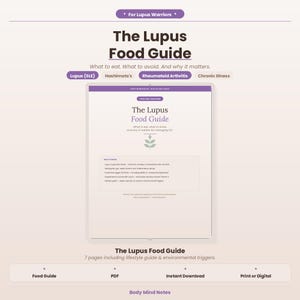 Puede incluir: Una descarga digital titulada "The Lupus Food Guide" con un diseño en morado claro y blanco. La guía cubre qué comer, qué evitar y por qué es importante. Incluye información sobre Lupus, Hashimoto y artritis reumatoide.