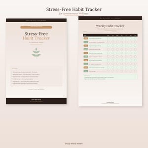May include: A digital habit tracker for autoimmune wellness. The design features a light beige background with the text "Stress-Free Habit Tracker" and a leaf graphic. The weekly tracker includes a checklist for daily habits.