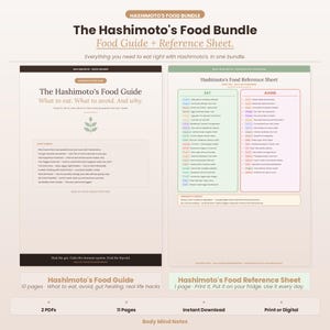 May include: The Hashimoto's Food Bundle, a digital download, includes a food guide and reference sheet. The guide covers what to eat and avoid, with real-life hacks. The reference sheet is designed for easy use. The bundle is from Body Mind Notes.