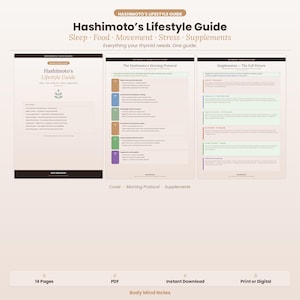 Puede incluir: Una guía digital titulada "Hashimoto's Lifestyle Guide" con secciones sobre sueño, alimentación, movimiento, estrés y suplementos. La guía incluye secciones "The Hashimoto's Morning Protocol" y "Supplements - The Full Picture". La guía tiene 14 páginas.