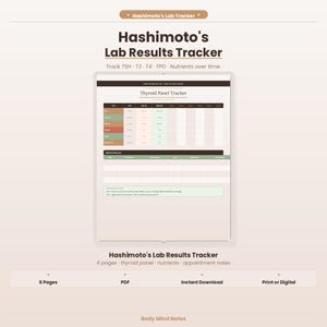 Puede incluir: Una descarga digital titulada "Hashimoto's Lab Results Tracker". El rastreador incluye un panel de tiroides, seguimiento de nutrientes y notas de citas. El diseño es de color beige claro con un gráfico de tableta y texto. Está disponible como PDF y para descarga instantánea.