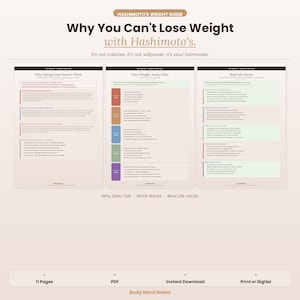 Puede incluir: Una guía digital titulada "Why You Can't Lose Weight with Hashimoto's". La guía incluye tres páginas con texto y secciones codificadas por colores. La parte inferior de la imagen muestra "11 páginas", "PDF", "Descarga instantánea" y "Impresión o digital".