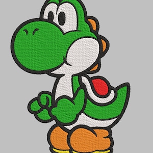 Könnte beinhalten: Ein grüner und weißer Comic-Dinosaurier mit einer roten Schale und orangefarbenen Füßen. Der Dinosaurier steht auf einem grauen Hintergrund.