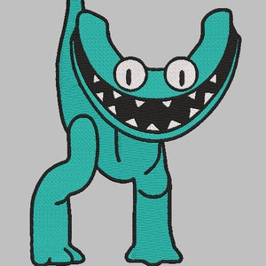 Könnte beinhalten: Ein blaugrünes Monster mit einem breiten, zahnigen Grinsen und großen, weißen Augen. Das Monster steht auf zwei Beinen und hat die Arme in die Luft gestreckt.