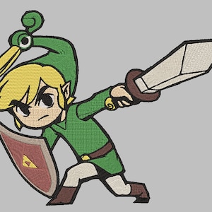 May include: A cartoon illustration of Link from the Legend of Zelda video game series. He is wearing a green tunic and a green hat with a bird on top. He is holding a sword in his right hand and a shield in his left hand. He is in a fighting pose.