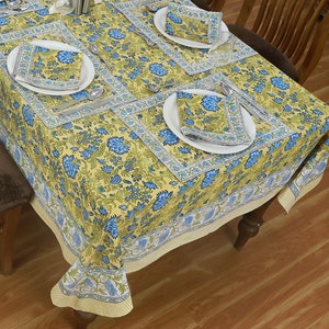 Yellow and Blue Rectangle Block Print Table Cover, Floral Print Tablecloth for Christmas Party Wedding Home Housewarming Baby Shower