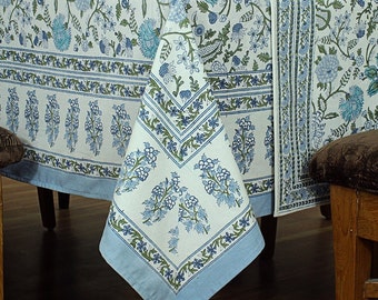 Bebé azul y blanco bloque impreso mantel, mantel rectangular, mantel de comedor, mantel de inauguración de la casa, tela de Spoonflower