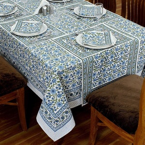 Blue Floral Block Print Tablecloth, Indian Cotton Tablecloth, Rectagnle Square Table Cover, Mothder's day Gift