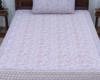 Sábana de algodón estampada a mano con flores doradas y melocotón. Juego de funda de cama india para camas individuales, queen y king. Ropa de cama de algodón hecha a mano.