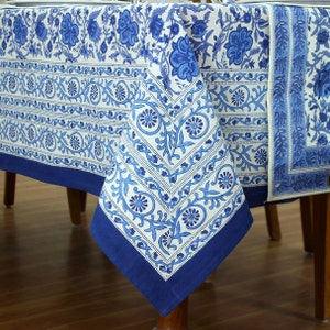 Blue and White Floral Indian Hand Block Printed 100% Pure Cotton Table Cloth, Dining Table Cover Christmas Day Gift