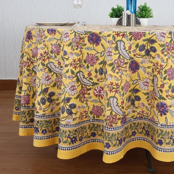 Gelbe runde Tischdecke, Tischdecke für Hochzeitsfeiern, handbedruckte Tischdecke, Couchtischdecke, florale Tischwäsche, Hoteltischplatte