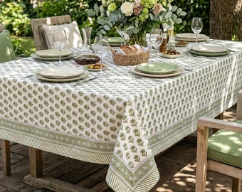 Mantel Verde Salvia Floral Block Print, Mantel Rectangular 100% Algodón, Decoración de Mesa Boda Boho, Ropa de Mesa India