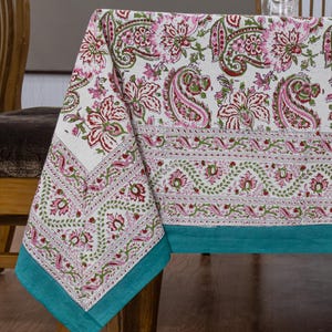 Indian Hand Block Print Tablecloth, Pink Floral Cotton Table Cover, Rectangular Dining Table Cover, Boho Farmhouse Decor, Housewarming Gift