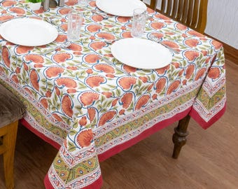 Hand Block Print Tablecloth – Handmade Cotton Tablecloths | Red Floral Boho Farmhouse Table Decor | Indian Dining Tablecloth Set