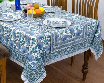 Cyan Blue Floral Hand Block Print Tablecloth, 100% Cotton Table Cover, Indian Block Print Table Linen, Housewarming Gift