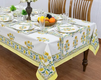 Blaue und weiße florale Block bedruckte Tischdecke, Luxus-Baumwoll-Tischdecke, Block bedruckte Servietten, Valentinstag-Tischdecke