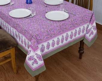 Pink and Green Floral Tablecloth- Hand Block Printed Cotton Tablecloths – Indian Rectangle Table Cover – Wedding Tablecloth Christmas Gifts