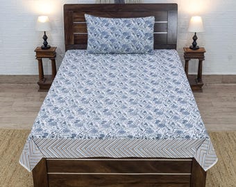 Drap en coton blanc et gris imprimé à la main - Bordure florale et géométrique - Linge de lit indien - Drap pour cadeau de Noël