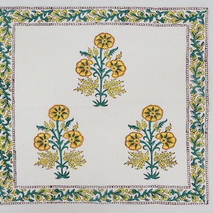 Yellow And White Hand Block Print Table Napkins, Floral Printed Napkins, 100% Cotton Table Handkerchief For Dining Table Kitchen Wedding